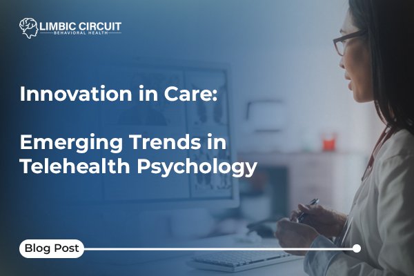 A healthcare professional, likely a PMHNP, focuses on a computer screen in a clinic, illustrating innovation and emerging trends in telehealth psychology.