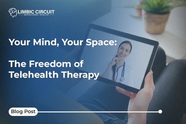 A person holds a tablet displaying a smiling telehealth therapist, symbolizing the freedom and accessibility of online mental health therapy from one's own space.