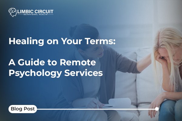 A compassionate therapist provides support to a distressed patient, symbolizing healing on one's own terms through remote psychology services.