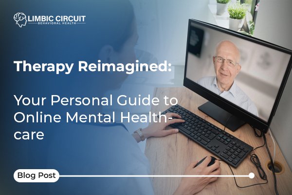 A professional consults with a senior patient via a desktop computer, representing a new era of online mental healthcare for all generations.