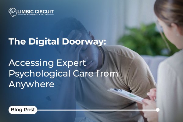 A male patient in distress holds his head while a therapist offers support, symbolizing accessing expert psychological care through a digital doorway.