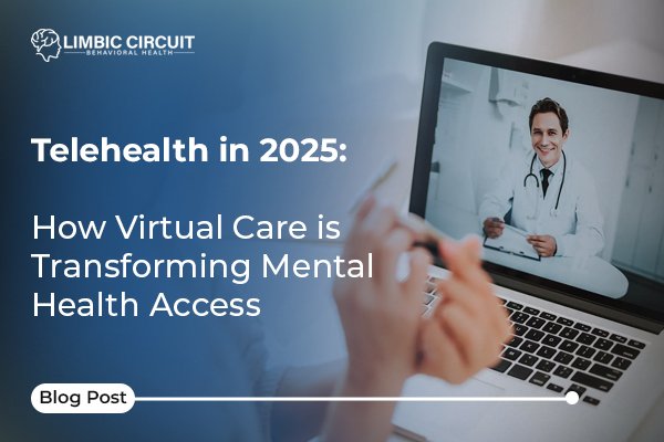 A smiling healthcare professional on a laptop screen consults with a patient, demonstrating how virtual care is transforming mental health access.