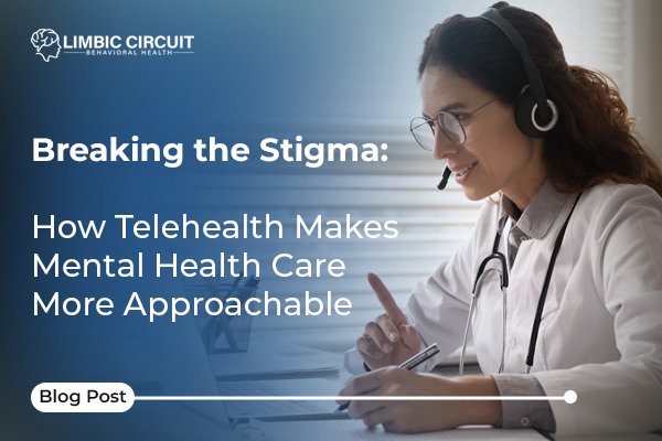 A healthcare professional with a headset smiles at her computer screen, showing how telehealth makes mental health care more approachable.