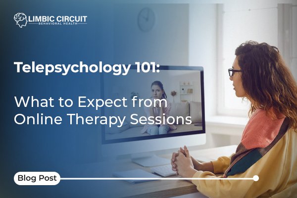 A therapist sits in front of a computer screen, speaking with a patient in an online therapy session, demonstrating what to expect from telepsychology services.