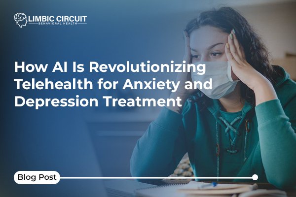 A concerned woman wearing a face mask looks at her laptop, symbolizing the challenges and new solutions for anxiety and depression treatment using telehealth and AI.